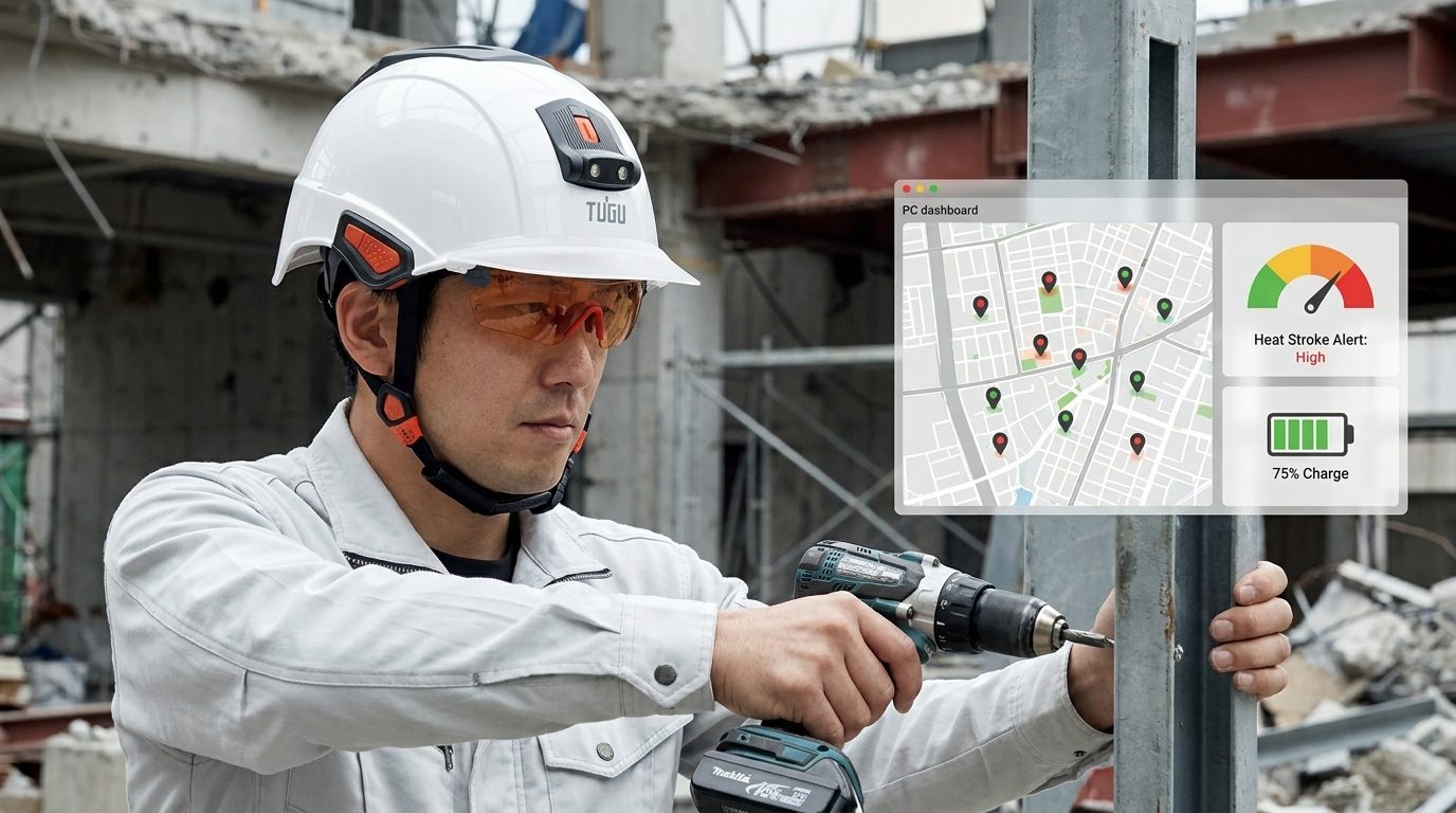 建設現場でAIヘルメットを着用しドリル作業を行う作業員と、位置情報・熱中症警報・バッテリー残量を表示するダッシュボードUI
