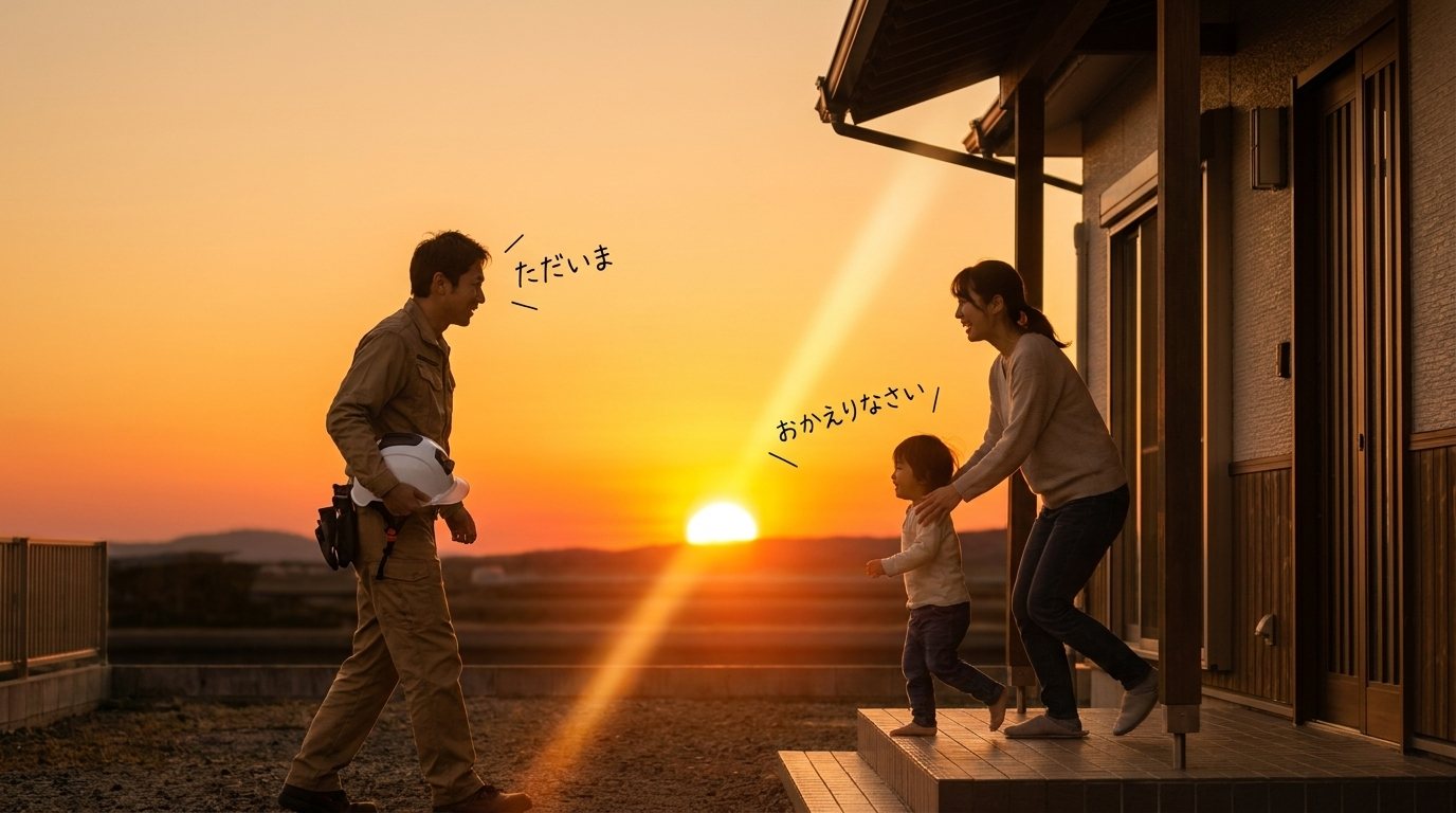 夕焼けの中、現場から帰ってきた父親が『ただいま』、出迎える家族が『おかえりなさい』と声をかけている情景